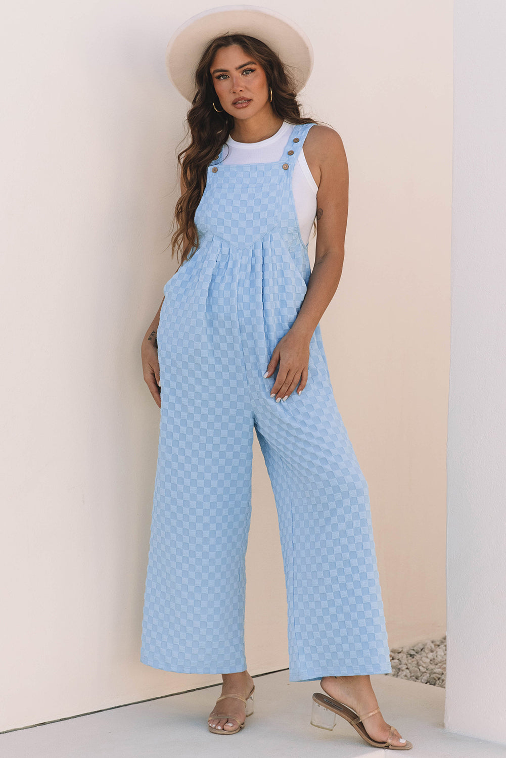 USE CODE BBB25 FOR 25% OFF! Beau Blue Checkered Pocketed High Waist Wide Leg Overall