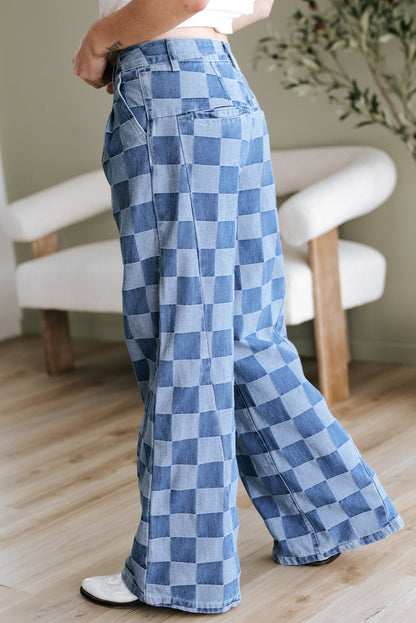 Dark Grey Checkered Denim Wide Leg Jeans