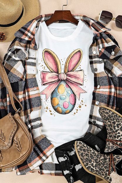 White Easter Egg Bow Bunny Ear Printed T Shirt