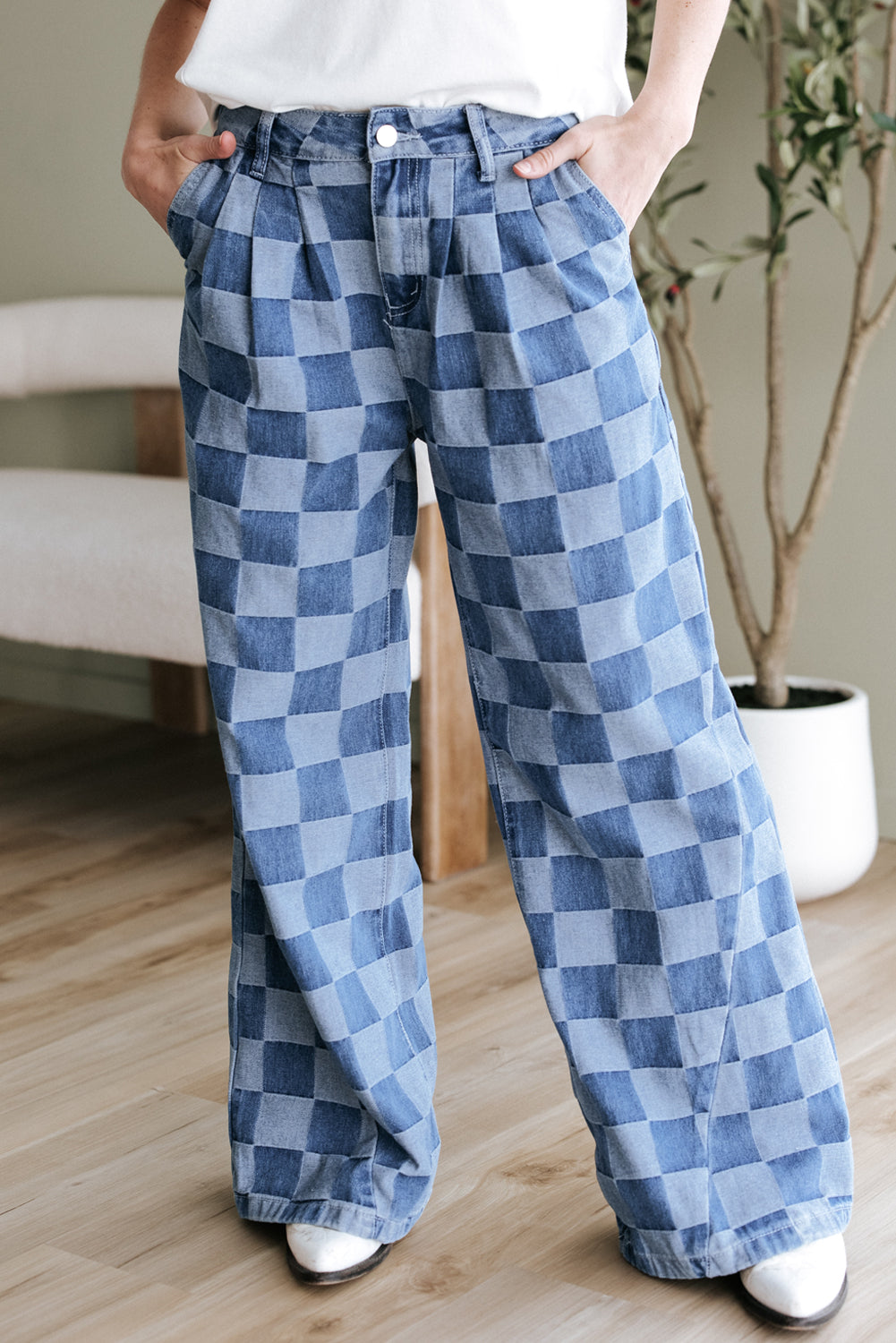 Dark Grey Checkered Denim Wide Leg Jeans