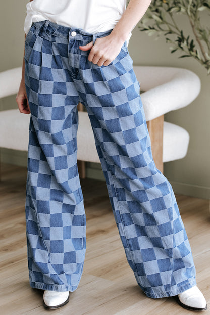 Dark Grey Checkered Denim Wide Leg Jeans