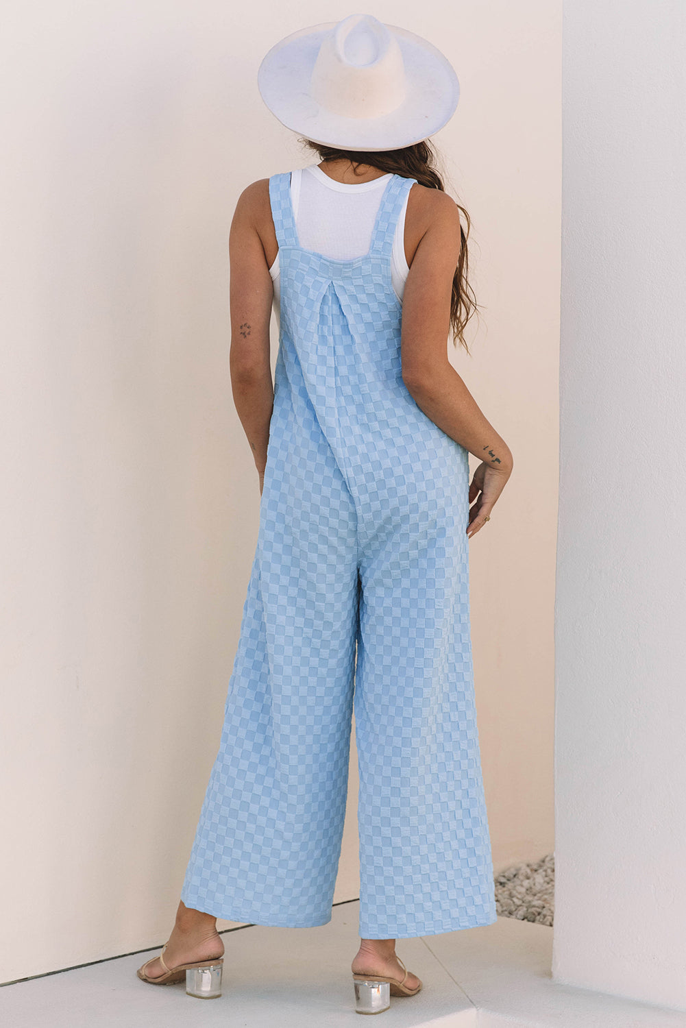 USE CODE BBB25 FOR 25% OFF! Beau Blue Checkered Pocketed High Waist Wide Leg Overall