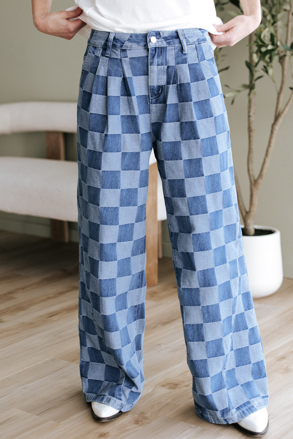 Dark Grey Checkered Denim Wide Leg Jeans