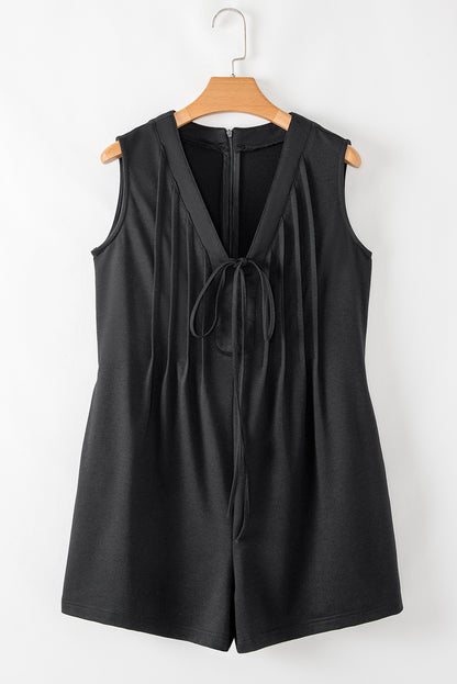 Black white Tie V Neck Pintuck Sleeveless Loose Romper