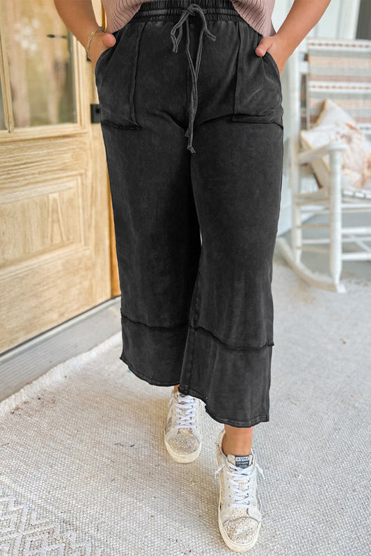 USE CODE BBB25 FOR 25% OFF! Black Plus Mineral Wash Exposed Seam Wide Leg Cropped Pants