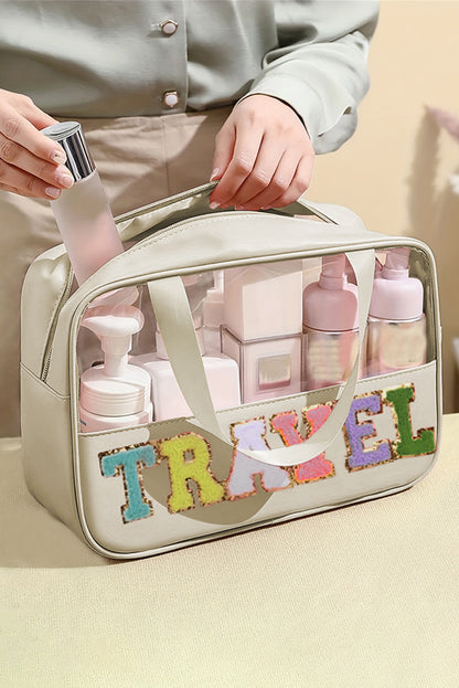 Purple TRAVEL Chenille Letter Clear PVC Makeup Bag