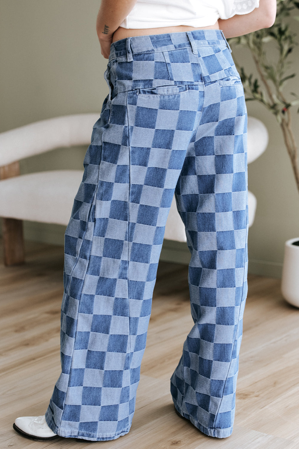 Dark Grey Checkered Denim Wide Leg Jeans