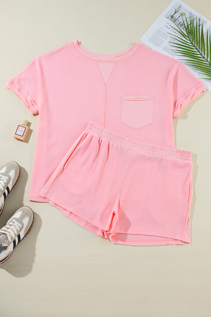 Pink Plus Size Ribbed Exposed Seam Tee and Shorts Set