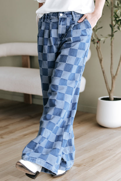 Dark Grey Checkered Denim Wide Leg Jeans