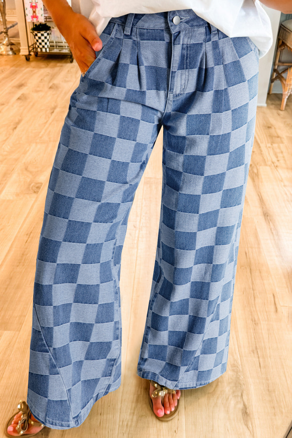 Dark Grey Checkered Denim Wide Leg Jeans